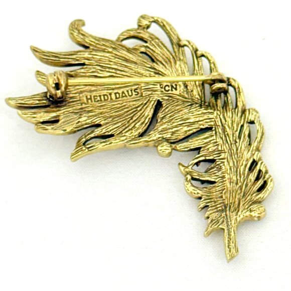 Heidi Daus Peacock Feather Brooch w/Blue & Green Crystals Gold-Tone Signed - Picture 6 of 8